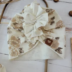 Czapka turban + chustka rozmiar 0-6miesięcy 6-12miesięcy 1-3lat w kwiaty brąz