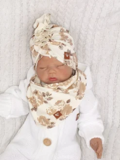 Czapka turban + chustka rozmiar 0-6miesięcy 6-12miesięcy 1-3lat w kwiaty brąz