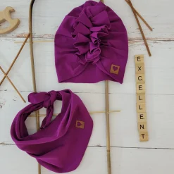 Czapka turban + chustka rozmiar 0-6miesięcy 6-12miesięcy 1-3lat śliwka