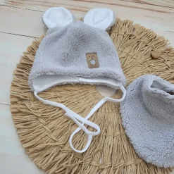 Czapka wiązana niemowlęca baranek z uszkami + apaszka rozmiar 56-86 szara