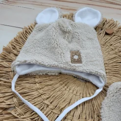 Czapka wiązana niemowlęca baranek z uszkami + apaszka rozmiar 56-86 beżowa