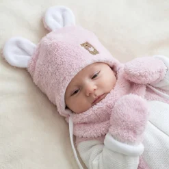 Czapka wiązana niemowlęca baranek z uszkami + apaszka rozmiar 56-86 różowa
