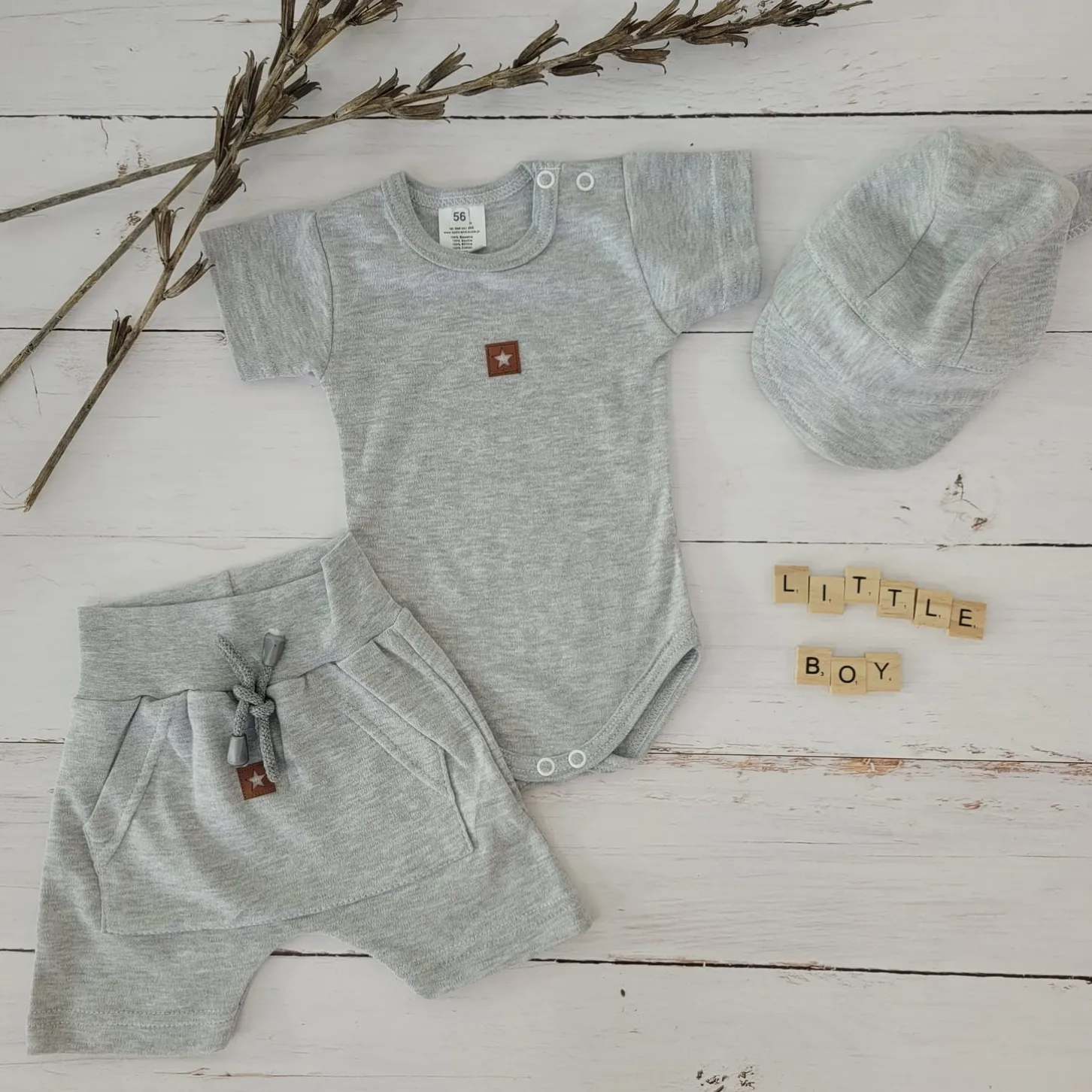 2 cz bawełniany komplet na lato body+spodenki 56-86 szary