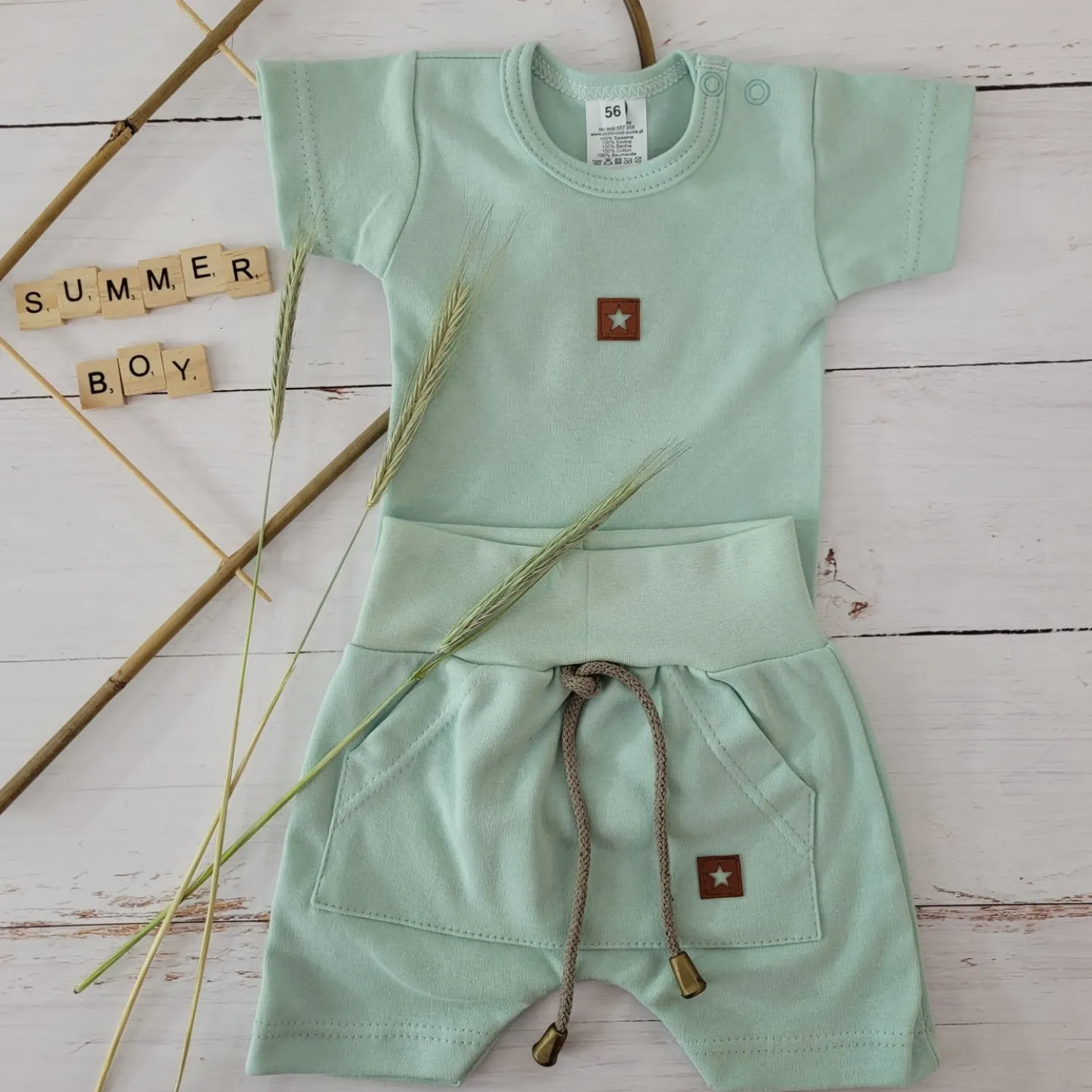 2 cz bawełniany komplet na lato body+spodenki zielony aqua ostatnie sztuki 56