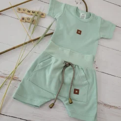 2 cz bawełniany komplet na lato body+spodenki zielony aqua ostatnie sztuki 56
