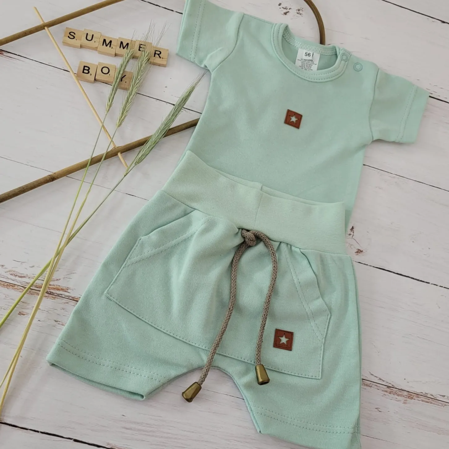 2 cz bawełniany komplet na lato body+spodenki zielony aqua ostatnie sztuki 56