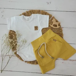 2 cz bawełniany komplet na lato body+spodenki biało-musztardowy ostatnie sztuki 56-80