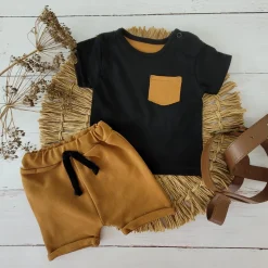 2 cz bawełniany komplet na lato tshirt+spodenki cynamon+czarny ostatnie sztuki 56