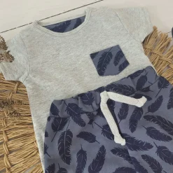2 cz bawełniany komplet na lato tshirt+spodenki szare+piórka ostatnie sztuki 56, 68