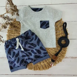 2 cz bawełniany komplet na lato tshirt+spodenki szare+piórka ostatnie sztuki 56, 68