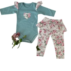 2 cz komplet body + legginsy ze spódniczką w kwiaty mięta 56-86