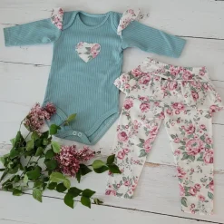 2 cz komplet body + legginsy ze spódniczką w kwiaty mięta 56-86