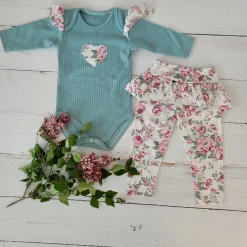 2 cz komplet body + legginsy ze spódniczką w kwiaty mięta 56-86