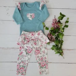 2 cz komplet body + legginsy ze spódniczką w kwiaty mięta 56-86