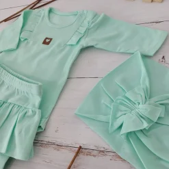3cz KOMPLET body + legginsy ze spódniczką + opaska 56-86 miętowy