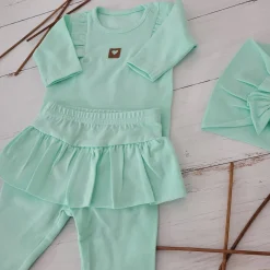 3cz KOMPLET body + legginsy ze spódniczką + opaska 56-86 miętowy