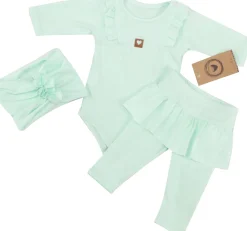3cz KOMPLET body + legginsy ze spódniczką + opaska 56-86 miętowy