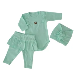3cz KOMPLET body + legginsy ze spódniczką + opaska 56-86 miętowy