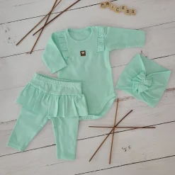 3cz KOMPLET body + legginsy ze spódniczką + opaska 56-86 miętowy