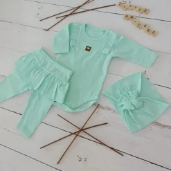 3cz KOMPLET body + legginsy ze spódniczką + opaska 56-86 miętowy