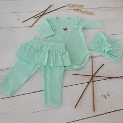 3cz KOMPLET body + legginsy ze spódniczką + opaska 56-86 miętowy