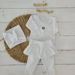 3cz KOMPLET body + legginsy ze spódniczką + opaska 56-86 biały