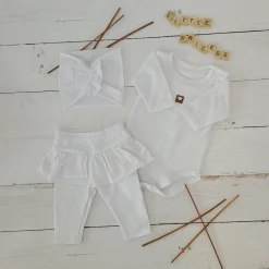 3cz KOMPLET body + legginsy ze spódniczką + opaska 56-86 biały