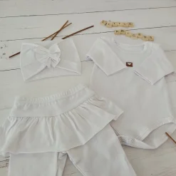 3cz KOMPLET body + legginsy ze spódniczką + opaska 56-86 biały