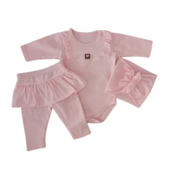 3cz KOMPLET body + legginsy ze spódniczką + opaska 56-86 różowy