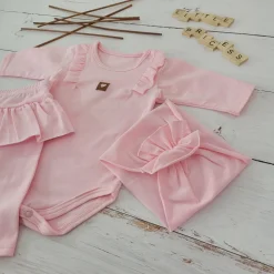 3cz KOMPLET body + legginsy ze spódniczką + opaska 56-86 różowy
