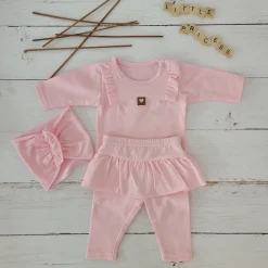 3cz KOMPLET body + legginsy ze spódniczką + opaska 56-86 różowy