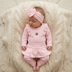3cz KOMPLET body + legginsy ze spódniczką + opaska 56-86 różowy
