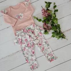 2 cz komplet body + legginsy ze spódniczką w kwiaty brudny róż 56-86