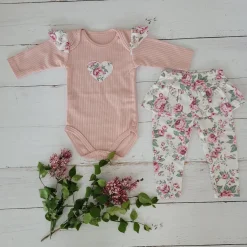 2 cz komplet body + legginsy ze spódniczką w kwiaty brudny róż 56-86