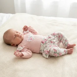 2 cz komplet body + legginsy ze spódniczką w kwiaty brudny róż 56-86