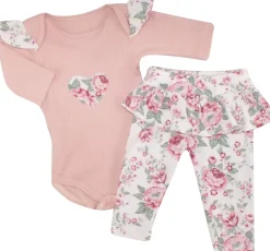 2 cz komplet body + legginsy ze spódniczką w kwiaty brudny róż 56-86