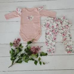 2 cz komplet body + legginsy ze spódniczką w kwiaty brudny róż 56-86