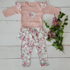 2 cz komplet body + legginsy ze spódniczką w kwiaty brudny róż 56-86