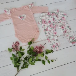 2 cz komplet body + legginsy ze spódniczką w kwiaty brudny róż 56-86