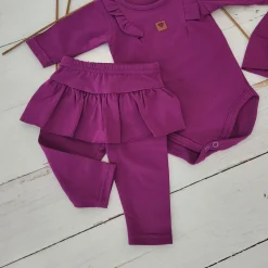 3cz KOMPLET body + legginsy ze spódniczką + opaska 56-86 śliwkowy