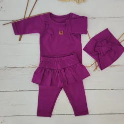 3cz KOMPLET body + legginsy ze spódniczką + opaska 56-86 śliwkowy