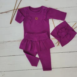 3cz KOMPLET body + legginsy ze spódniczką + opaska 56-86 śliwkowy