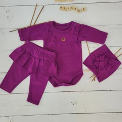 3cz KOMPLET body + legginsy ze spódniczką + opaska 56-86 śliwkowy
