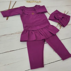 3cz KOMPLET body + legginsy ze spódniczką + opaska 56-86 śliwkowy
