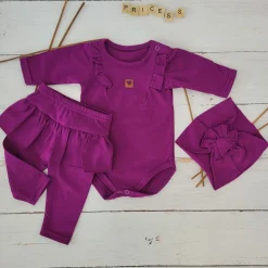 3cz KOMPLET body + legginsy ze spódniczką + opaska 56-86 śliwkowy