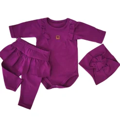 3cz KOMPLET body + legginsy ze spódniczką + opaska 56-86 śliwkowy