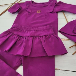 3cz KOMPLET body + legginsy ze spódniczką + opaska 56-86 śliwkowy