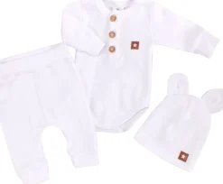 3cz komplet prążkowany body+spodnie+czapka 56-86 biały