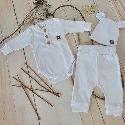 3cz komplet prążkowany body+spodnie+czapka 56-86 biały