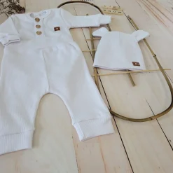 3cz komplet prążkowany body+spodnie+czapka 56-86 biały